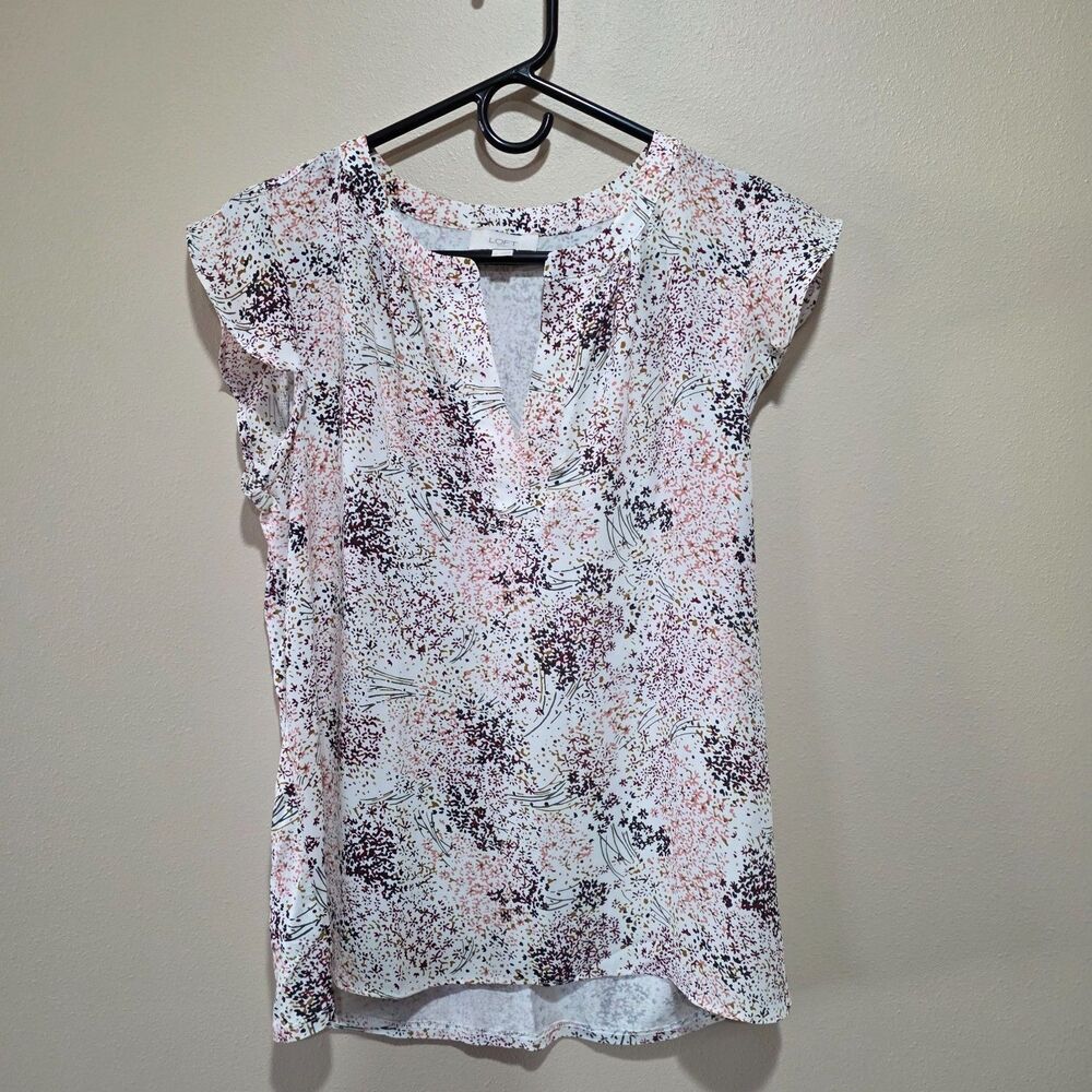 LOFT Floral Flutter Sleeve Split Neck Blouse White Pink Burgundy S - Picture 2 of 8